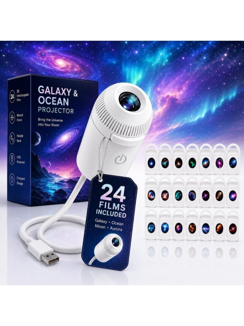USB Powered Night Light Projector with 24 Interchangeable Films for Kids' Room
